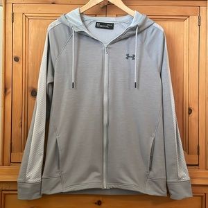 Under Armour activewear, full front zip hooded, fitted jacket, gray, size Large